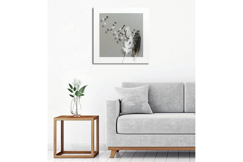 Canvastavla - Silhuetter av fåglar som flyger bort från en vas med fjädrar - Svart / Vitt / Grått - Inredning - Tavlor & posters - Canvastavla