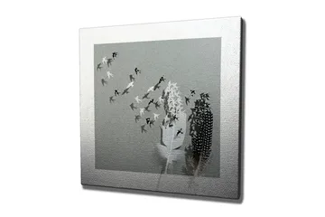 Canvastavla - Silhuetter av fåglar som flyger bort från en vas med fjädrar - Svart / Vitt / Grått - Inredning - Tavlor & posters - Canvastavla