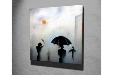 Canvastavla - Silhuetter av personer med paraplyer i en dimmig stadsmiljö - Svart / Grå / Orange - Inredning - Tavlor & posters - Canvastavla