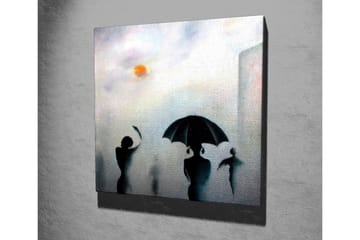 Canvastavla - Silhuetter av personer med paraplyer i en dimmig stadsmiljö - Svart / Grå / Orange - Inredning - Tavlor & posters - Canvastavla