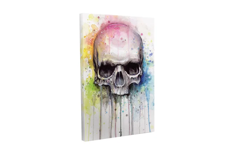 Canvastavla - Skalle med färgglada akvarellsprutningar i bakgrunden, Svart / Ljusblå / Gul