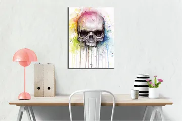 Canvastavla - Skalle med färgglada akvarellsprutningar i bakgrunden - Svart / Ljusblå / Gul - Inredning - Tavlor & posters - Canvastavla