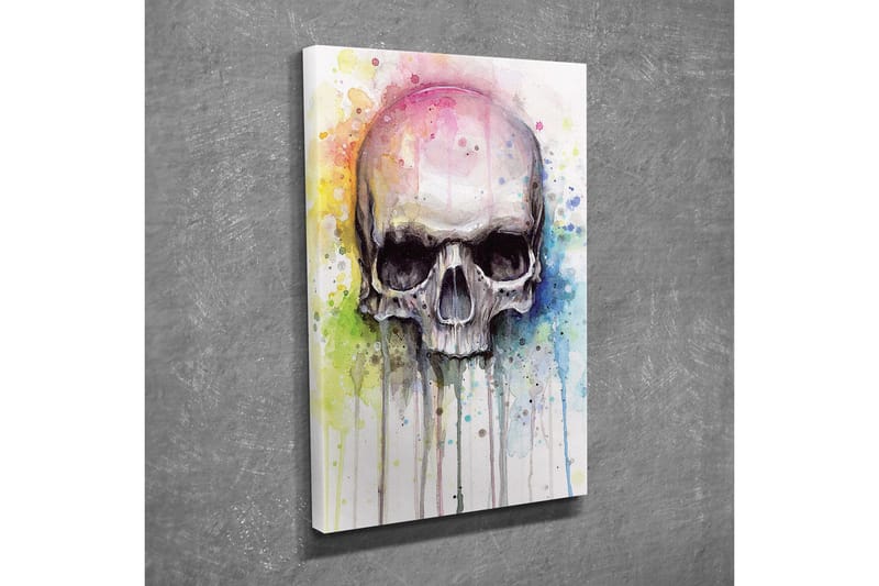 Canvastavla - Skalle med färgglada akvarellsprutningar i bakgrunden - Svart / Ljusblå / Gul - Inredning - Tavlor & posters - Canvastavla