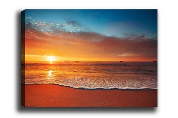 Canvastavla - Solnedgång över havet med mjuka vågor vid stranden - Orange / Blå / Beige - Inredning - Tavlor & posters - Canvastavla