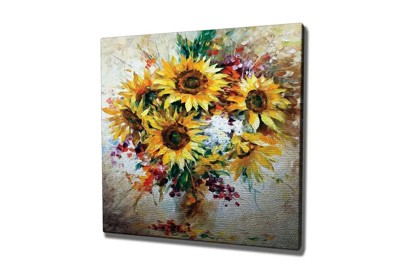 Canvastavla - Solrosor i en färgrik bukett, Gult / Grönt / Brunt