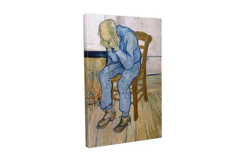 Canvastavla - Sorgsen man som sitter på en stol med huvudet i händerna, Blå / Beige / Brun