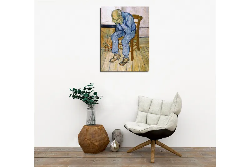 Canvastavla - Sorgsen man som sitter på en stol med huvudet i händerna - Blå / Beige / Brun - Inredning - Tavlor & posters - Canvastavla