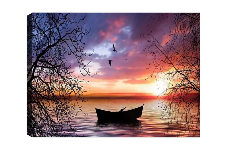 Canvastavla - Stämningsfull solnedgång över en stilla sjö med en båt i fokus - Lila / Orange / Svart - Inredning - Tavlor & posters - Canvastavla