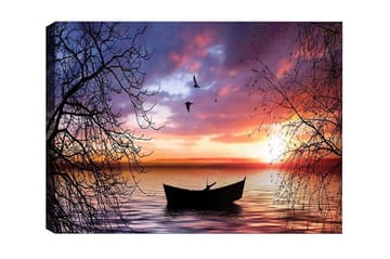 Canvastavla - Stämningsfull solnedgång över en stilla sjö med en båt i fokus - Lila / Orange / Svart - Inredning - Tavlor & posters - Canvastavla