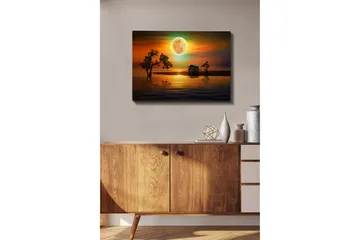 Canvastavla - Stämningsfullt landskap med en stuga vid vattnet under en stor fullmåne - Orange / Blå / Grön - Inredning - Tavlor & posters - Canvastavla