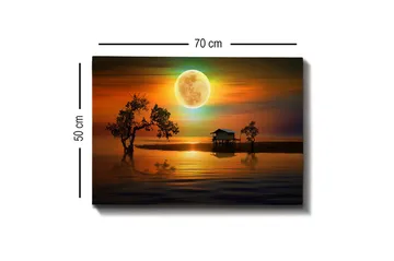 Canvastavla - Stämningsfullt landskap med en stuga vid vattnet under en stor fullmåne - Orange / Blå / Grön - Inredning - Tavlor & posters - Canvastavla