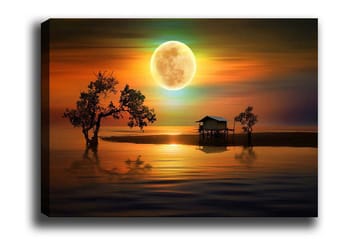 Canvastavla - Stämningsfullt landskap med en stuga vid vattnet under en stor fullmåne - Orange / Blå / Grön - Inredning - Tavlor & posters - Canvastavla