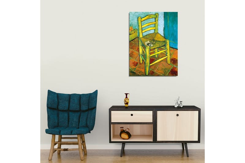 Canvastavla - Stående stol med halmsits och en liten dekoration på sitsen - Gul / Grön / Orange - Inredning - Tavlor & posters - Canvastavla