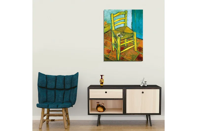 Canvastavla - Stående stol med halmsits och en liten dekoration på sitsen - Gul / Grön / Orange - Inredning - Tavlor & posters - Canvastavla