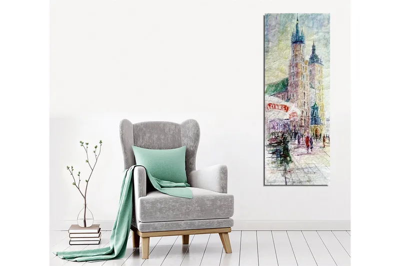 Canvastavla - Stadsscen med historiska byggnader och människor i rörelse - Ljusblå / Beige / Grön - Inredning - Tavlor & posters - Canvastavla