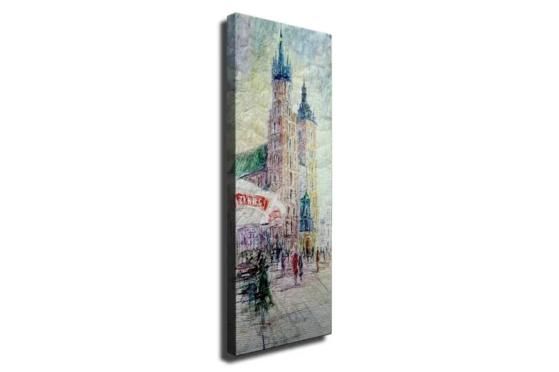 Canvastavla - Stadsscen med historiska byggnader och människor i rörelse, Ljusblå / Beige / Grön