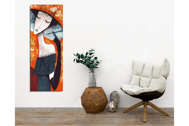 Canvastavla - Stiliserad kvinna med hatt som håller en cigarett - Orange / Mörkblå / Vit - Inredning - Tavlor & posters - Canvastavla