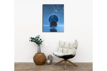 Canvastavla - Stjärnklar natt med en stor måne och silhouett av ett träd vid horisonten - Mörkblå / Svart / Ljusblå - Inredning - Tavlor & posters - Canvastavla