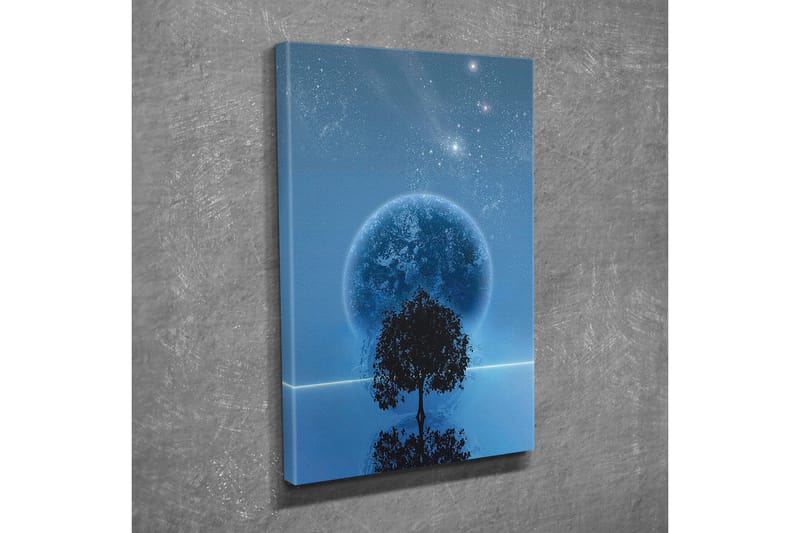 Canvastavla - Stjärnklar natt med en stor måne och silhouett av ett träd vid horisonten - Mörkblå / Svart / Ljusblå - Inredning - Tavlor & posters - Canvastavla