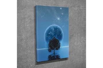 Canvastavla - Stjärnklar natt med en stor måne och silhouett av ett träd vid horisonten - Mörkblå / Svart / Ljusblå - Inredning - Tavlor & posters - Canvastavla