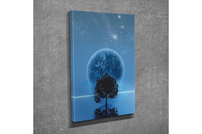 Canvastavla - Stjärnklar natt med en stor måne och silhouett av ett träd vid horisonten - Mörkblå / Svart / Ljusblå - Inredning - Tavlor & posters - Canvastavla