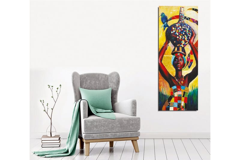 Canvastavla - Stolt kvinna som bär en färgglad kruka på huvudet med en fågel på axeln - Gul / Röd / Blå - Inredning - Tavlor & posters - Canvastavla