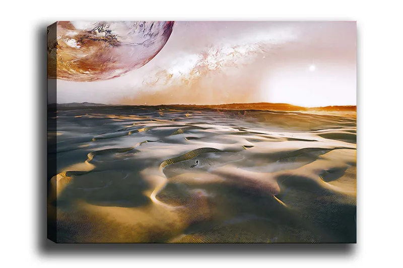 Canvastavla - Storslagen ökenlandskap med en planet i bakgrunden, Guld / Brunt / Orange