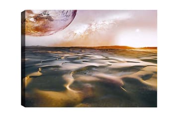 Canvastavla - Storslagen ökenlandskap med en planet i bakgrunden - Guld / Grå / Orange - Inredning - Tavlor & posters - Canvastavla
