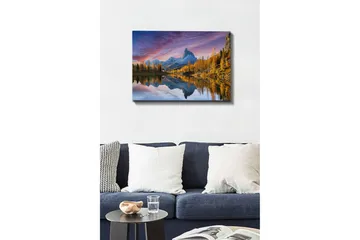 Canvastavla - Storslagen berglandskap med spegelbild i sjö - Guld / Blå / Grå - Inredning - Tavlor & posters - Canvastavla