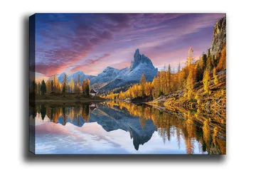 Canvastavla - Storslagen berglandskap med spegelbild i sjö - Guld / Blå / Grå - Inredning - Tavlor & posters - Canvastavla