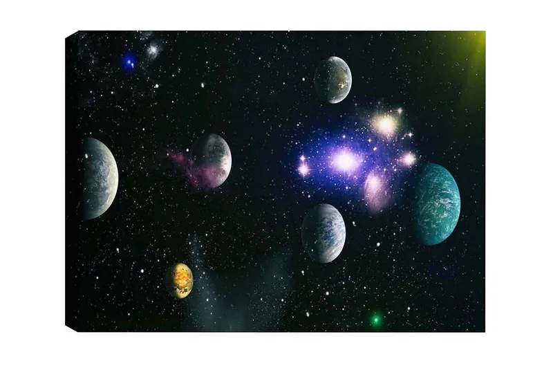 Canvastavla - Storslagen rymdscen med flera planeter och stjärnor - Blå / Grön / Lila - Inredning - Tavlor & posters - Canvastavla