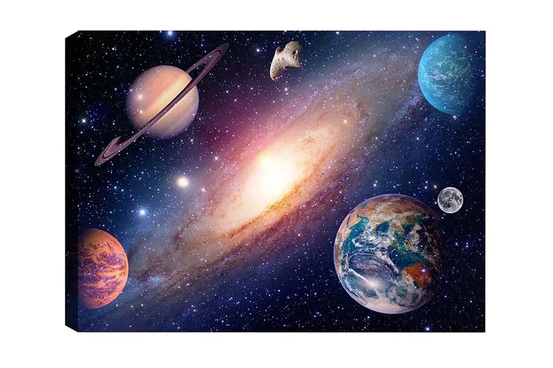 Canvastavla - Storslagen rymdscen med planeter och galaxer, Blå / Lila / Orange