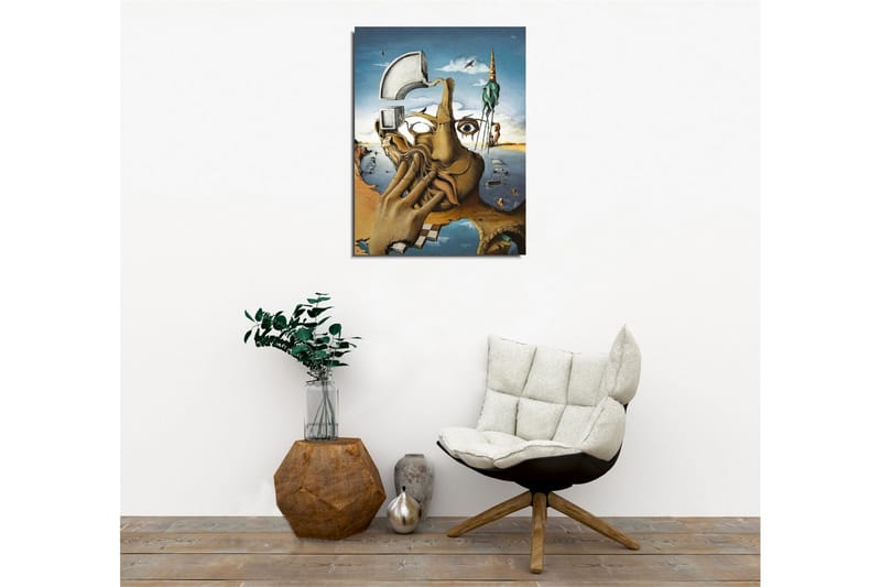 Canvastavla - Surrealistisk komposition med en hand som täcker ansiktet och en ögonblicksbild av en drömvärld - Beige / Blå / Grön - Inredning - Tavlor & posters - Canvastavla