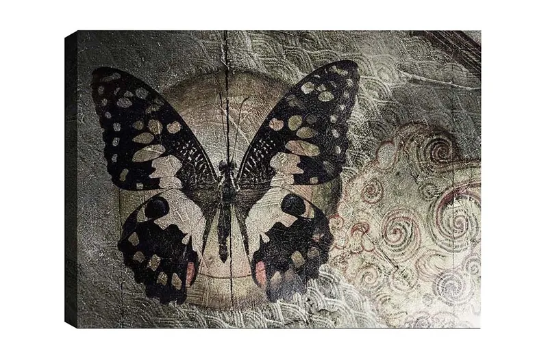 Canvastavla - Svart fjäril med mönster mot en subtil bakgrund, Svart / Beige / Grå