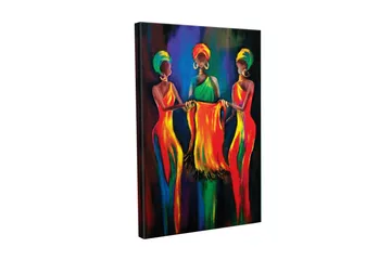 Canvastavla - Tre kvinnor i färgglada klänningar som håller ett tygstycke tillsammans - Röd / Gul / Grön - Inredning - Tavlor & posters - Canvastavla