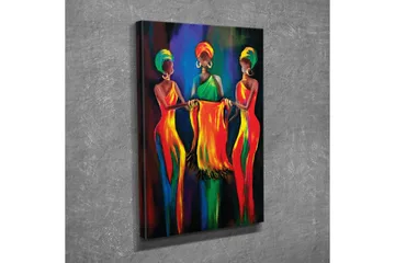 Canvastavla - Tre kvinnor i färgglada klänningar som håller ett tygstycke tillsammans - Röd / Gul / Grön - Inredning - Tavlor & posters - Canvastavla