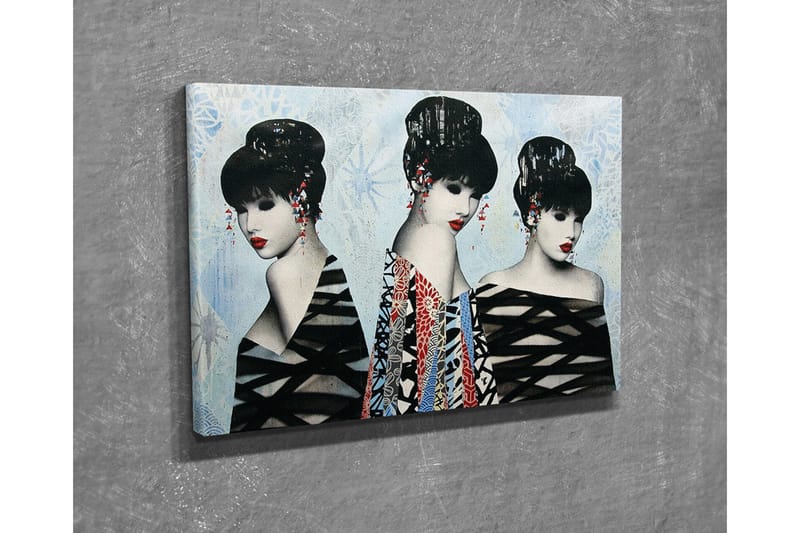 Canvastavla - Tre stiliserade kvinnor med eleganta frisyrer och färgglada kläder - Svart / Röd / Blå - Inredning - Tavlor & posters - Canvastavla