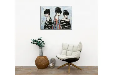 Canvastavla - Tre stiliserade kvinnor med eleganta frisyrer och färgglada kläder - Svart / Röd / Blå - Inredning - Tavlor & posters - Canvastavla