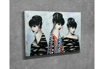 Canvastavla - Tre stiliserade kvinnor med eleganta frisyrer och färgglada kläder - Svart / Röd / Blå - Inredning - Tavlor & posters - Canvastavla