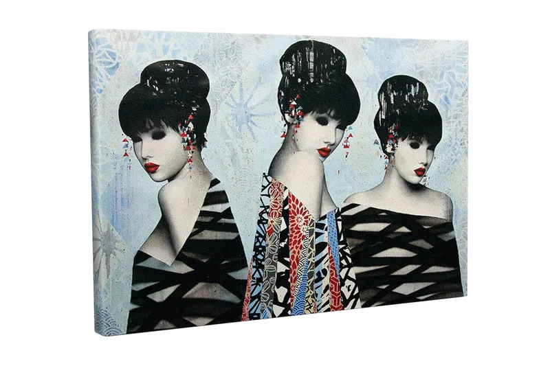 Canvastavla - Tre stiliserade kvinnor med eleganta frisyrer och färgglada kläder, Svart / Röd / Blå
