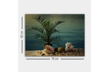 Canvastavla - Tropisk stillhet med palm och snäckor vid vattnet - Grön / Beige / Rosa - Inredning - Tavlor & posters - Canvastavla