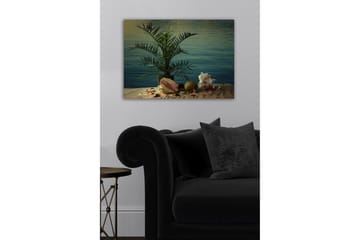 Canvastavla - Tropisk stillhet med palm och snäckor vid vattnet - Grön / Beige / Rosa - Inredning - Tavlor & posters - Canvastavla