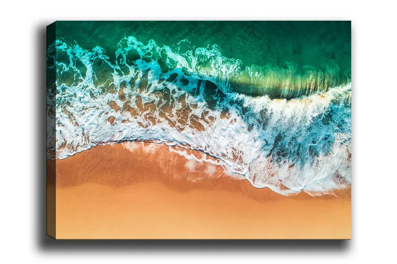 Canvastavla - Turkost hav med vita vågor som möter gyllene sandstrand, Turkos / Vitt / Gyllene