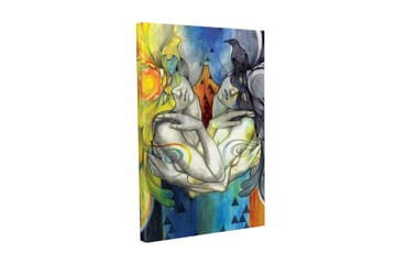 Canvastavla - Två sammanflätade figurer med fåglar på huvudet och färgglada mönster - Gul / Blå / Svart - Inredning - Tavlor & posters - Canvastavla