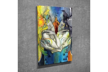 Canvastavla - Två sammanflätade figurer med fåglar på huvudet och färgglada mönster - Gul / Blå / Svart - Inredning - Tavlor & posters - Canvastavla