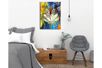 Canvastavla - Två sammanflätade figurer med fåglar på huvudet och färgglada mönster - Gul / Blå / Svart - Inredning - Tavlor & posters - Canvastavla