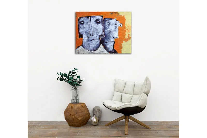 Canvastavla - Två stiliserade ansikten med uttryckslösa drag - Grå / Orange / Beige - Inredning - Tavlor & posters - Canvastavla