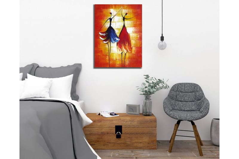 Canvastavla - Två stiliserade kvinnor i färgglada klänningar som dansar - Röd / Blå / Orange - Inredning - Tavlor & posters - Canvastavla