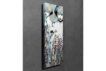 Canvastavla - Två stiliserade kvinnor med ansiktena delvis dolda av huvudbonader och starka röda läppar - Blå / Svart / Röd - Inredning - Tavlor & posters - Canvastavla