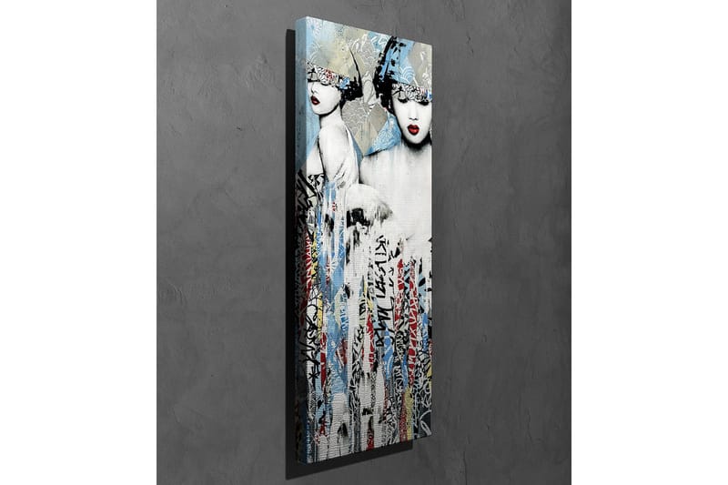 Canvastavla - Två stiliserade kvinnor med ansiktena delvis dolda av huvudbonader och starka röda läppar - Blå / Svart / Röd - Inredning - Tavlor & posters - Canvastavla